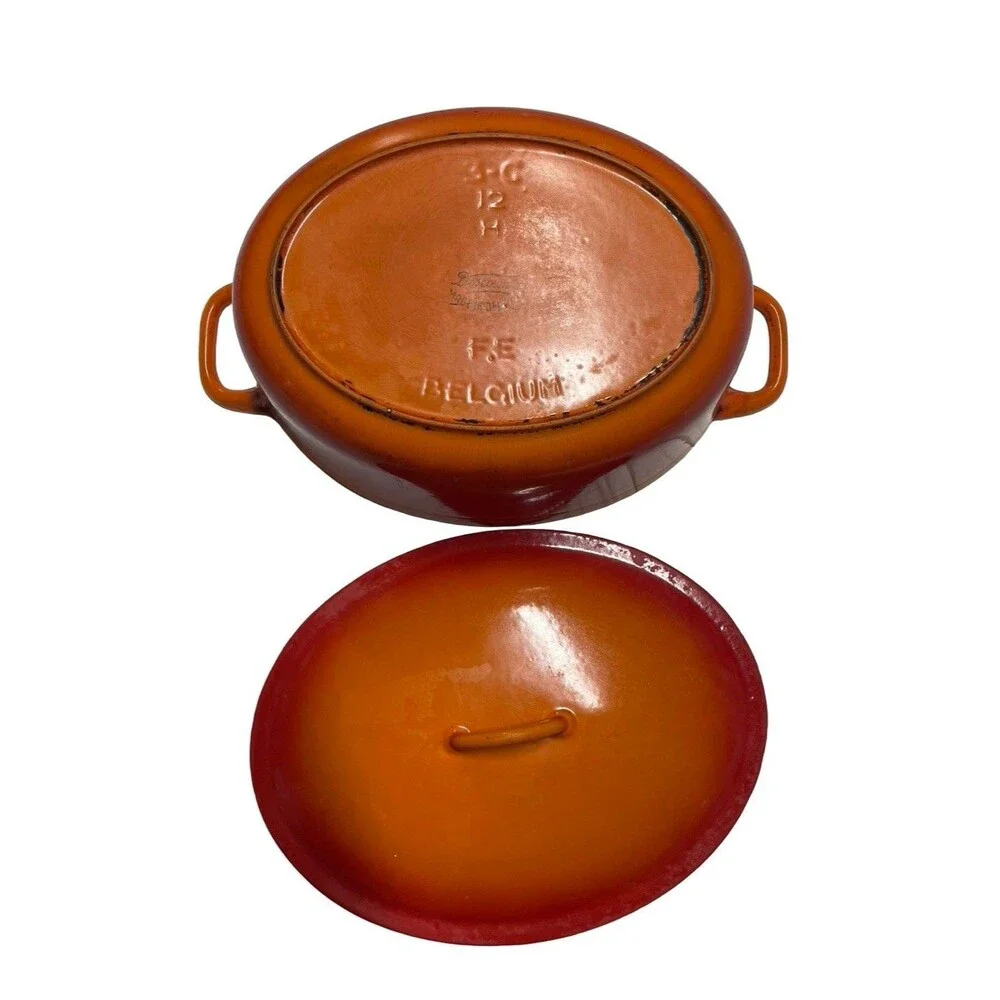 Vintage Flame Orange  Dutch Oven 4 Quart Enamel Cast Iron Oval Belgium MCM